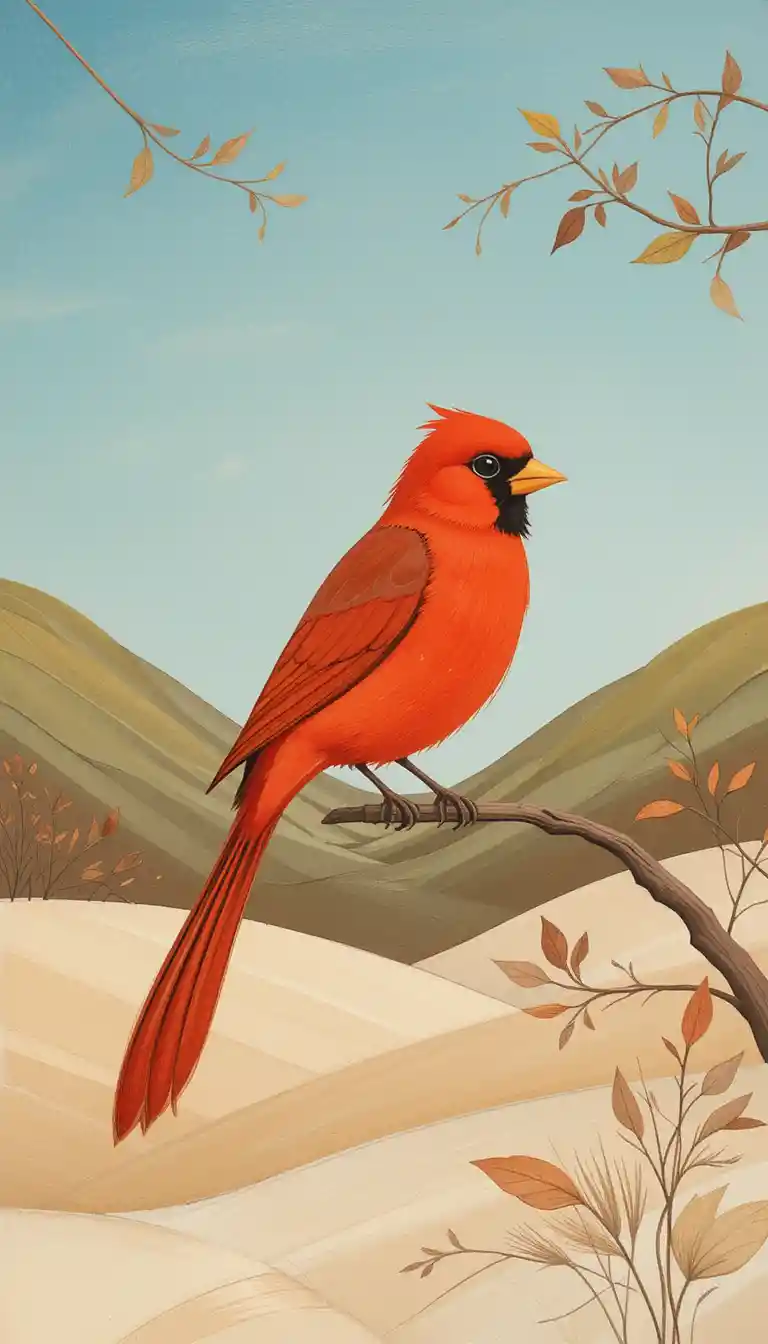 Dessin au crayon d’un oiseau rouge dans un paysage minimaliste et doux