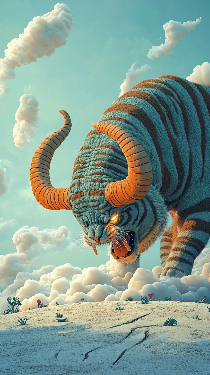 Créature tigre mythique avec cornes et souffle de braises incandescentes