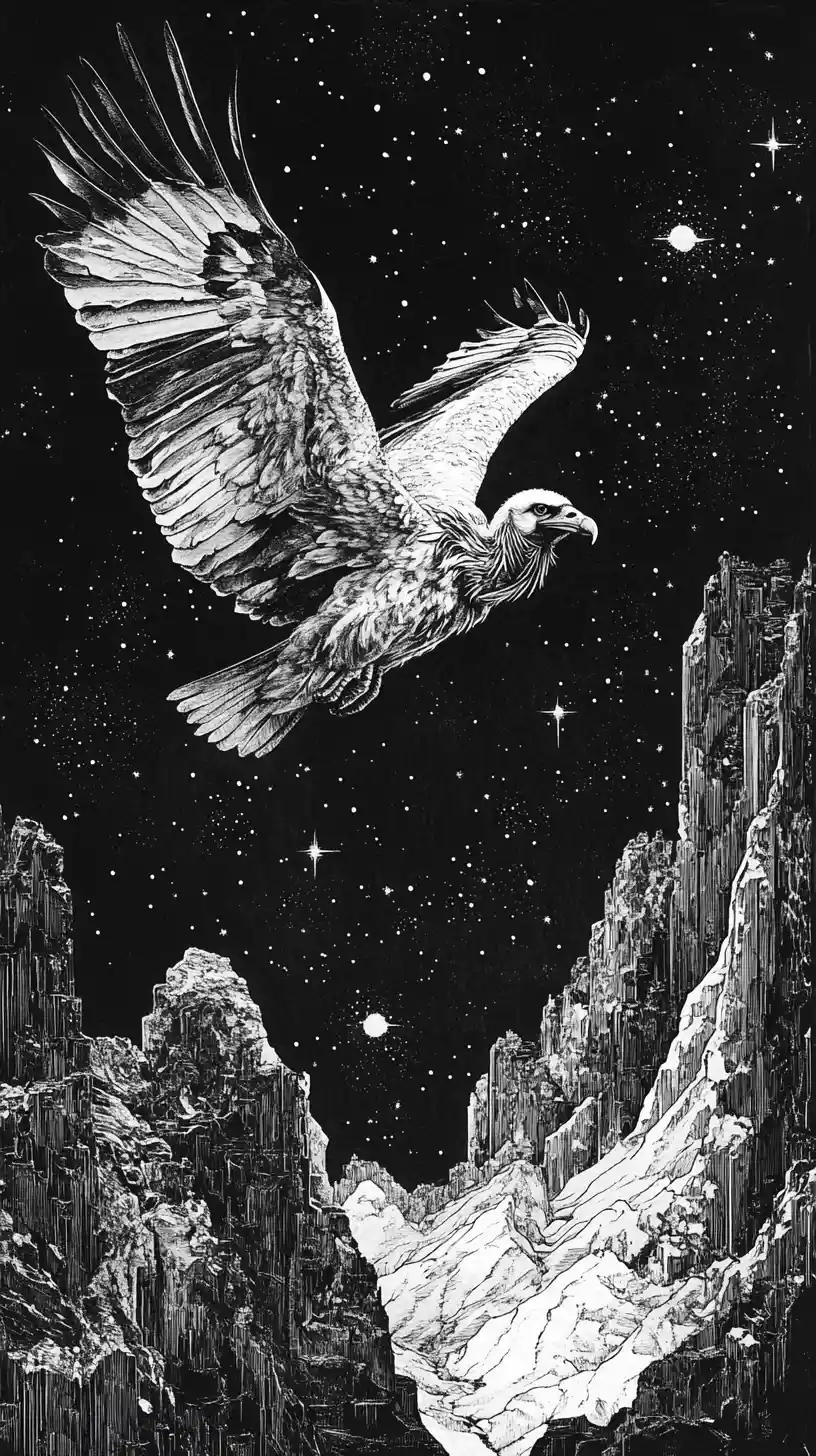 Bartgeier fliegt durch eine sternenklare Nacht-Schlucht