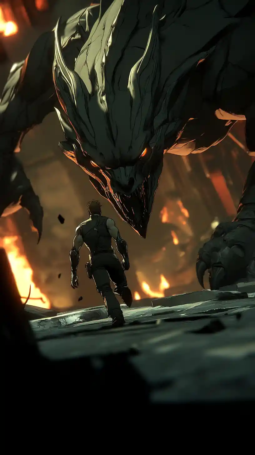 Cyborg-Krieger läuft mit mechanischem Drachen durch die Kriegszone
