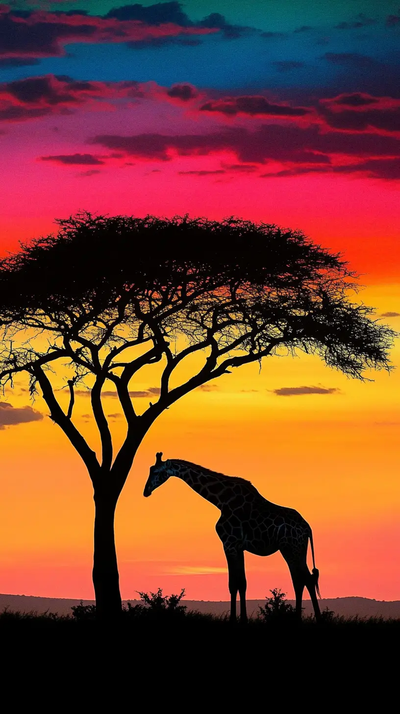 Silhouette di giraffa che mangia da un albero sotto un cielo arcobaleno