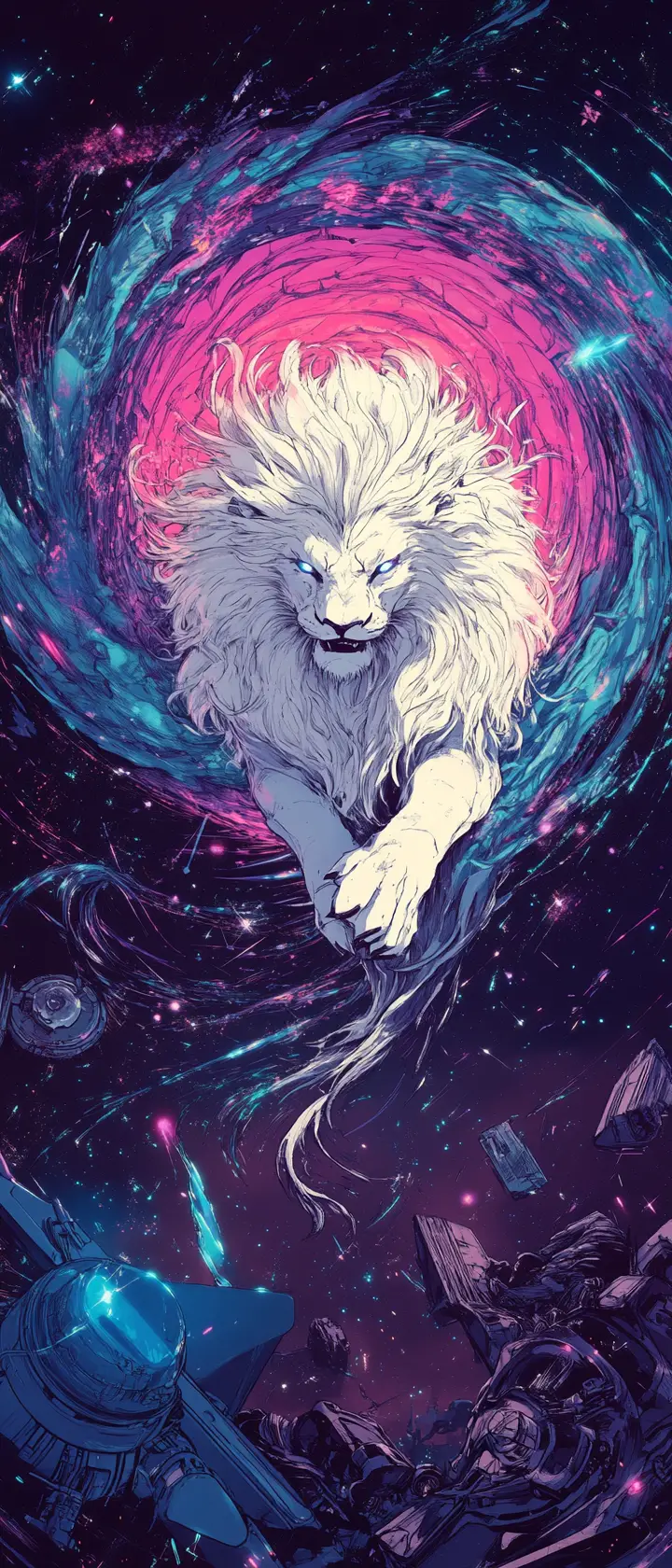 被捲入發光宇宙漩渦的白獅