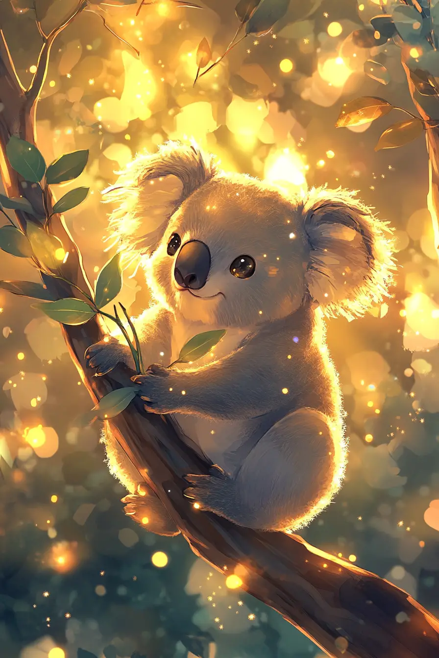 Cute anime koala on eucalyptus tree in glowing light
