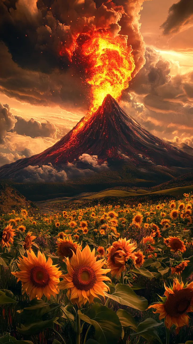 Vulcano surreale che erutta fiori su un vivace campo di girasoli