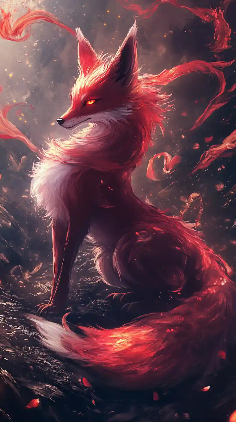 Red nine tailed kitsune in a bright mystical scene