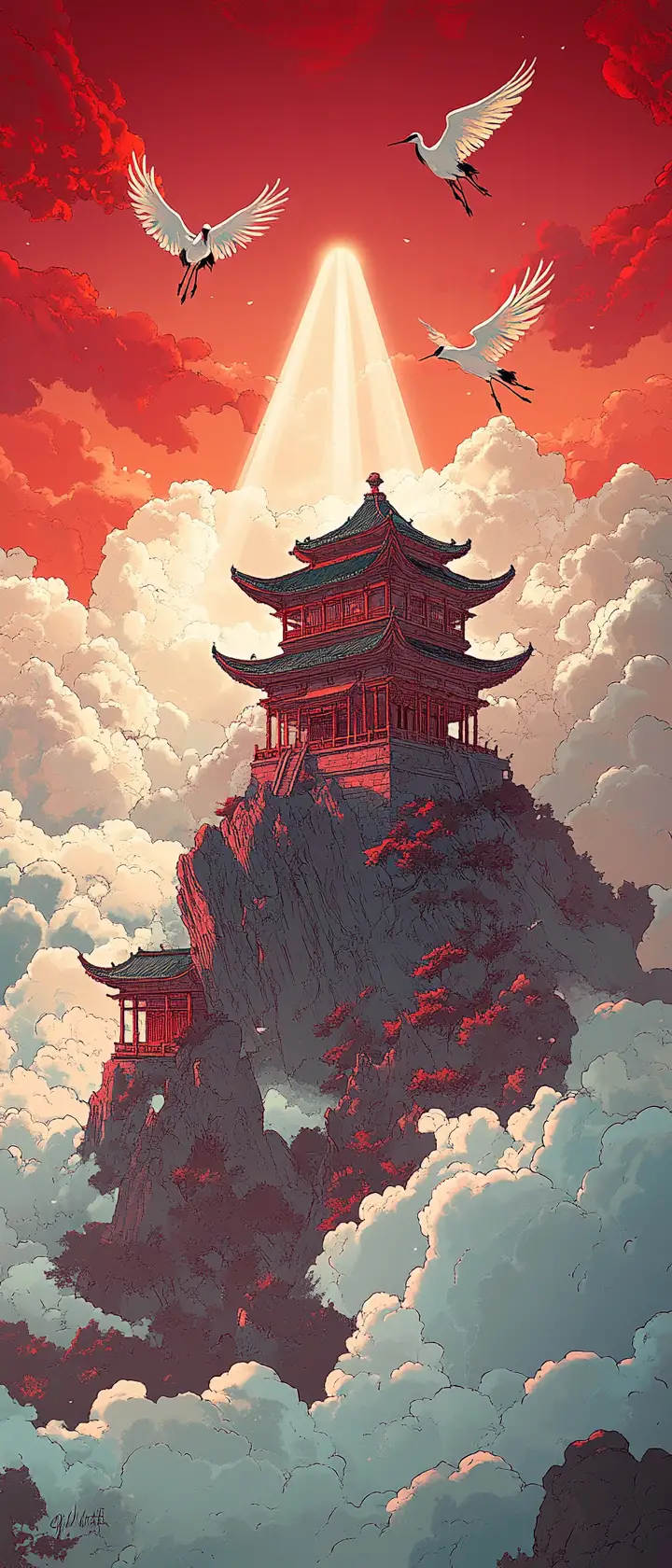 雲端之上的中國亭台與神秘山嵐天空