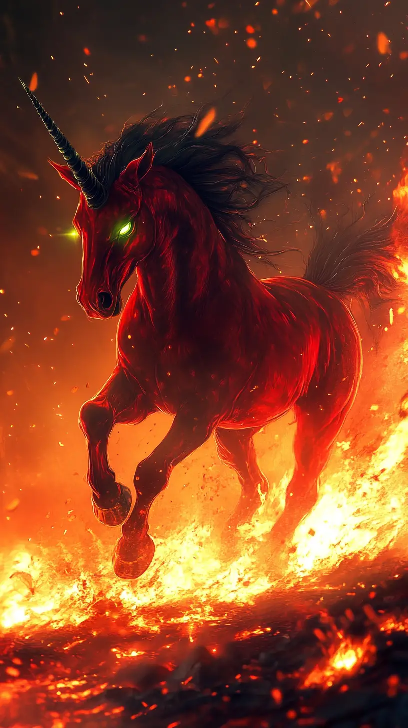 Majestueuse licorne rouge courant à travers la lave lumineuse