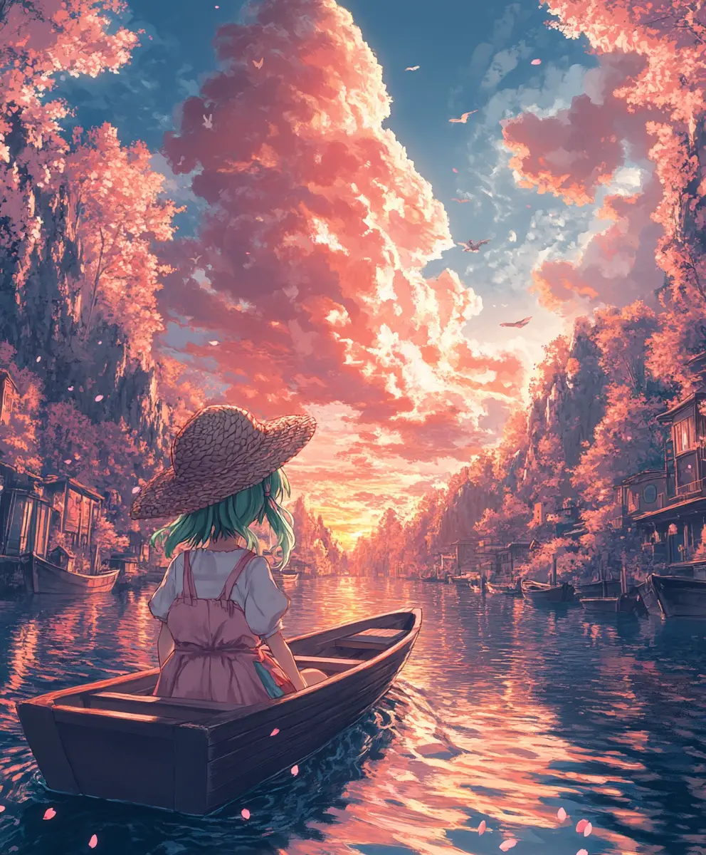 Anime-Mädchen treibt in einem Boot auf einem pastellfarbenen Sonnenuntergangsfluss