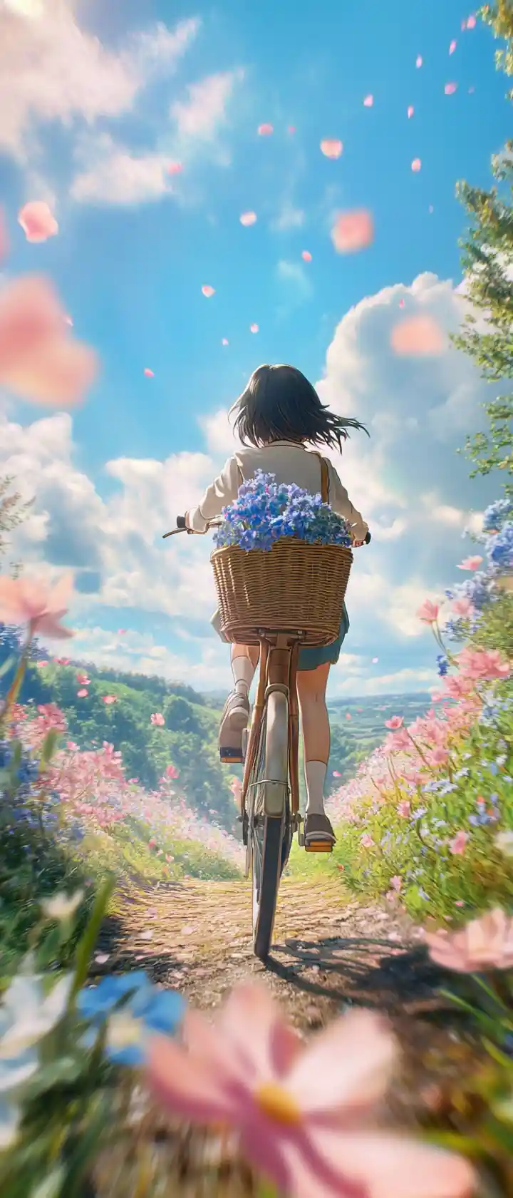 Ragazza anime in bicicletta lungo un sentiero di campagna fiancheggiato da fiori