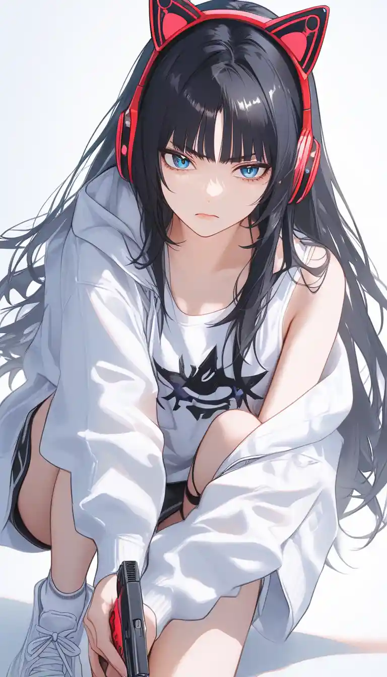 戴貓耳耳機拿著槍的嚴肅動漫女孩