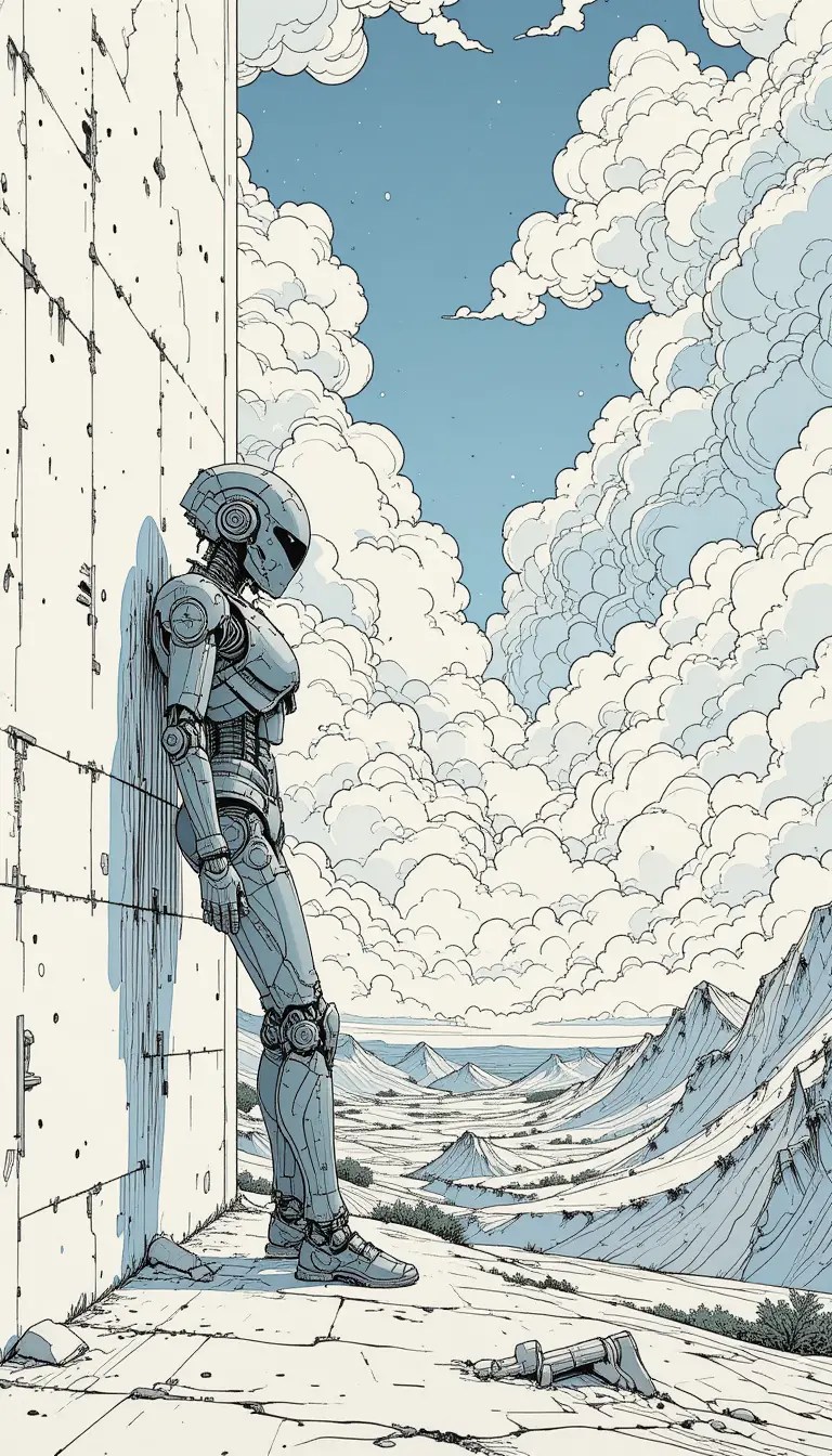 Petit robot gris appuyé contre un mur blanc éclatant