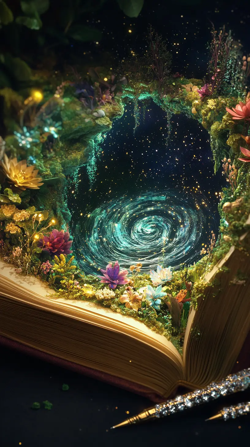 Aufgeschlagenes Buch mit Portal zu kosmischen und waldigen Welten