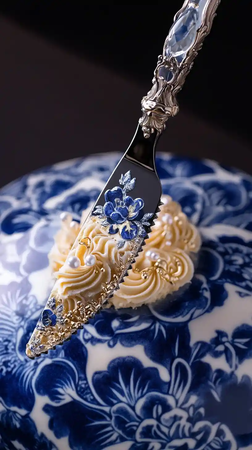 Cuchillo de postre de cristal cortando pastel inspirado en porcelana