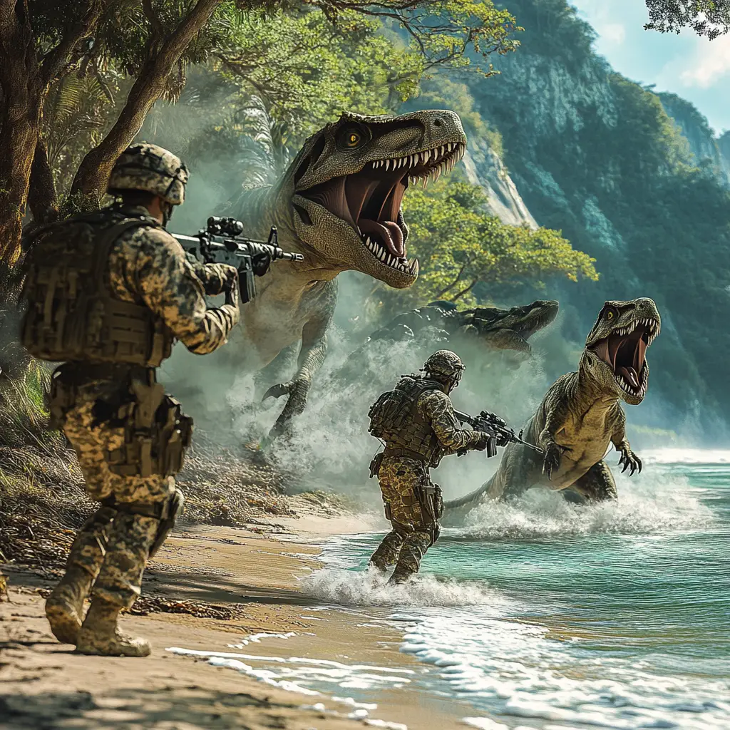 武裝士兵在海灘上對抗狩獵中的伶盜龍