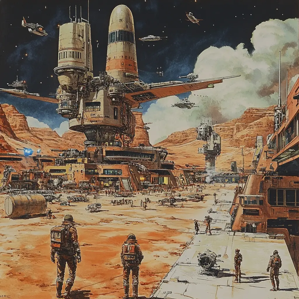 Bustling offworld spaceport town in muted noir colors