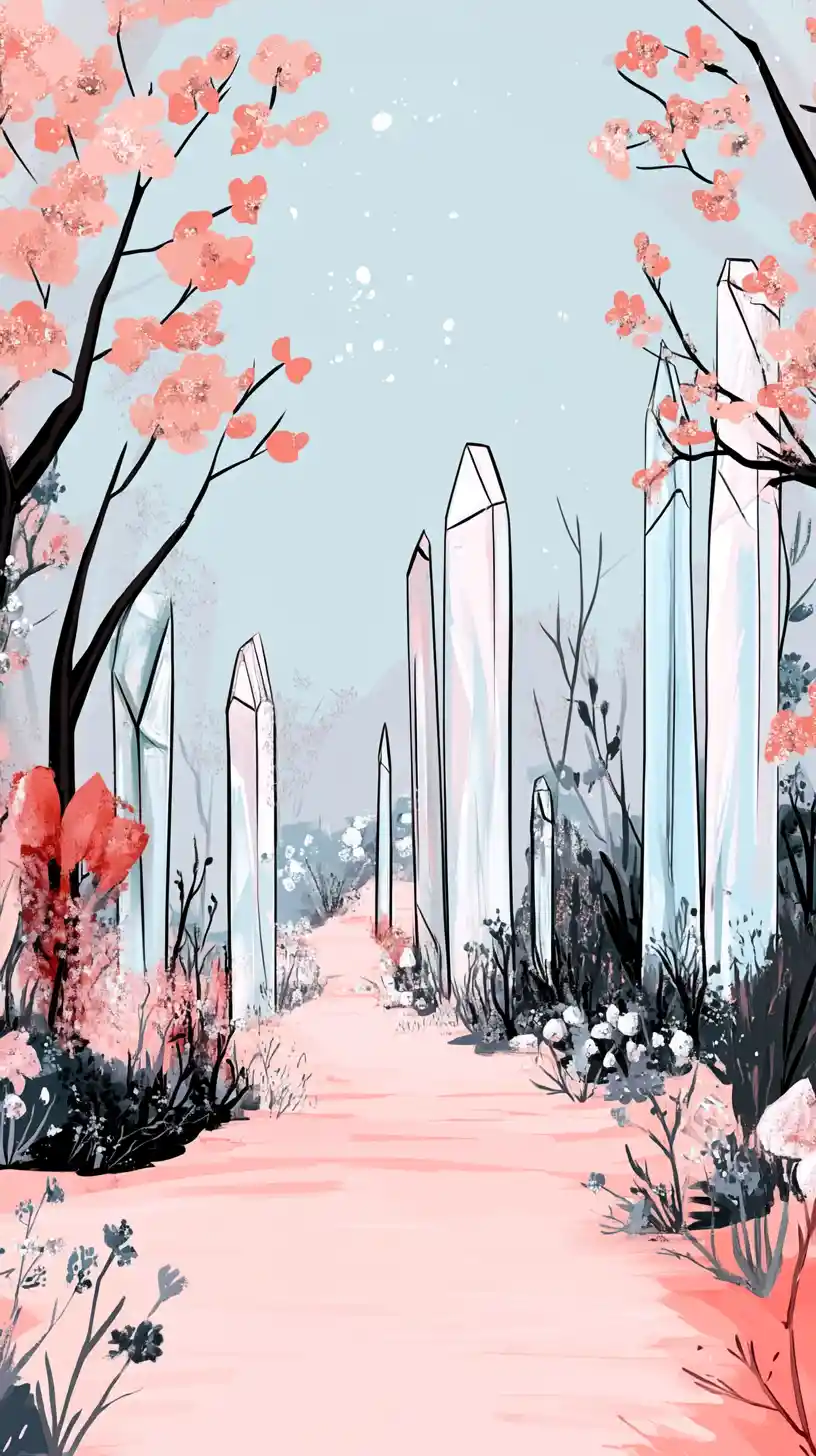 柔和虹彩光澤的極簡水晶森林插畫