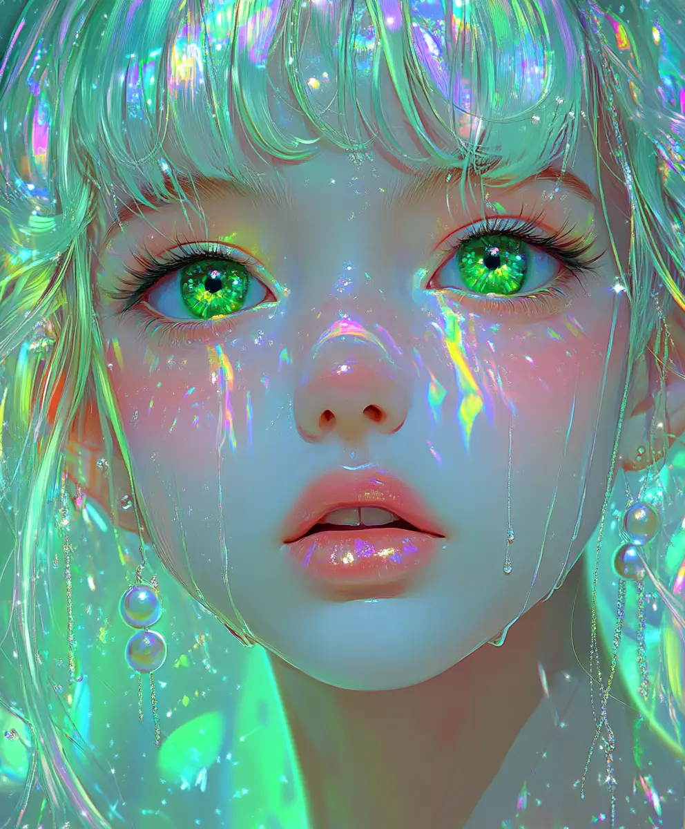 薄荷綠頭髮與綠色眼睛的動漫少女人像