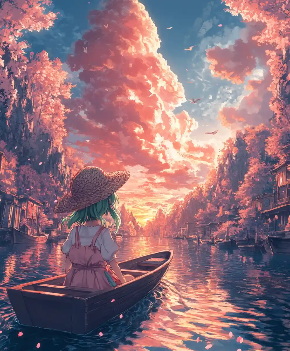 Fille d’anime dérivant dans un bateau sur une rivière au coucher de soleil pastel