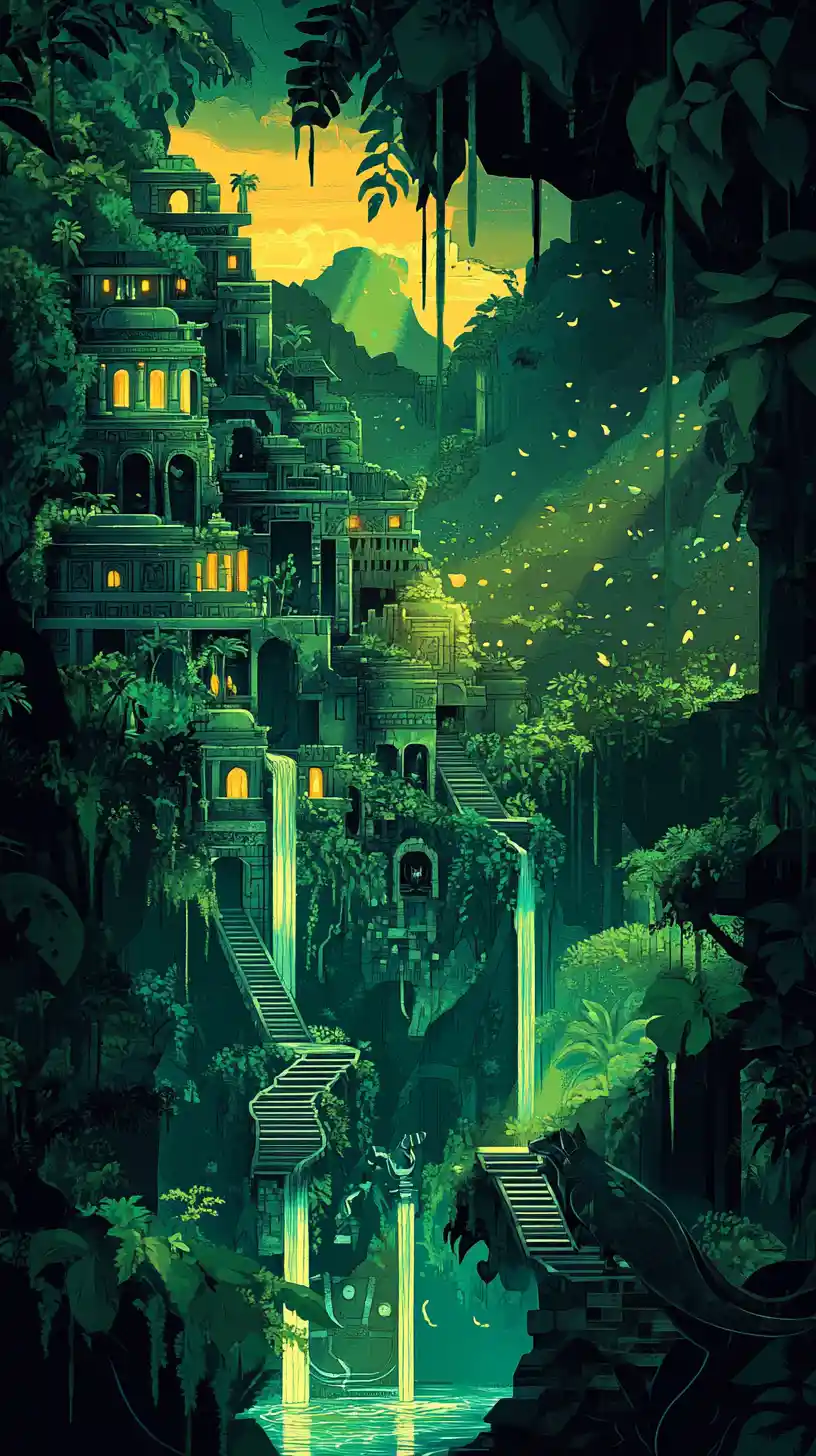 Città resort nella giungla ispirata ai Maya con cascate e templi