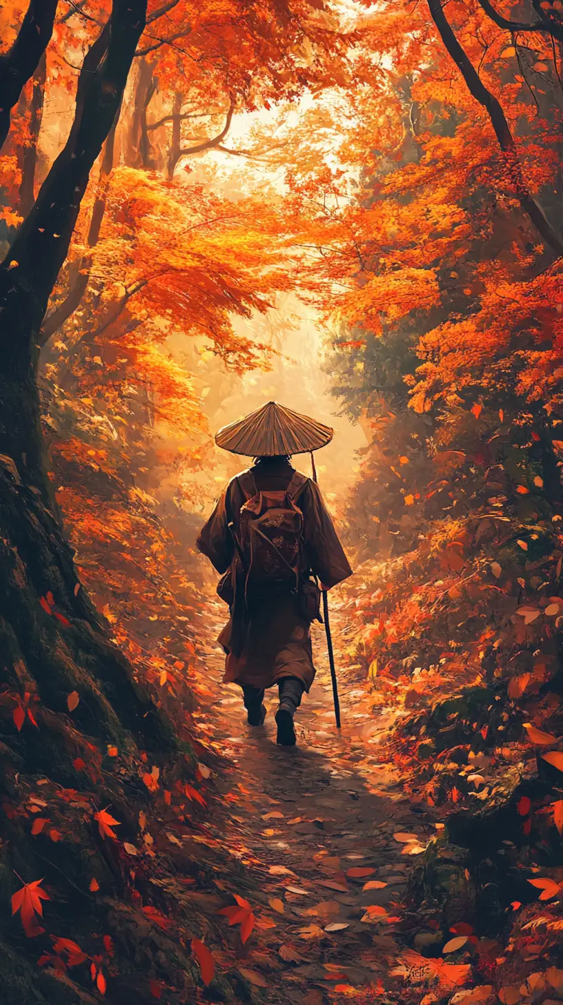 孤獨旅人在秋日光線中漫步森林小徑