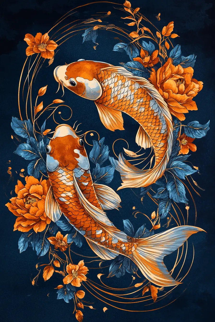 Carpes koï ornementales avec fleurs sur fond bleu profond