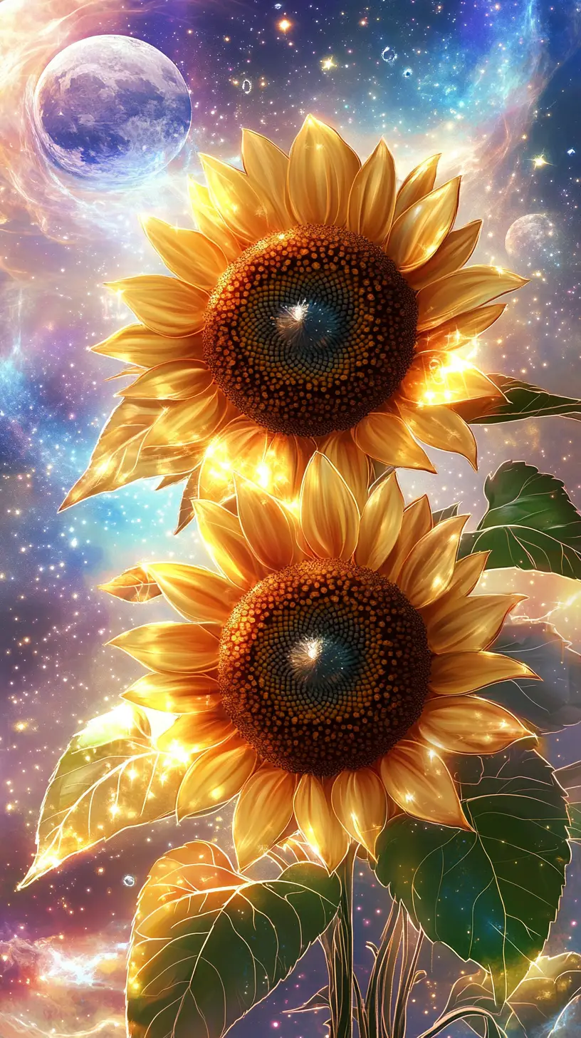 Girasoli Luminosi sotto un Cielo Notturno Cosmico