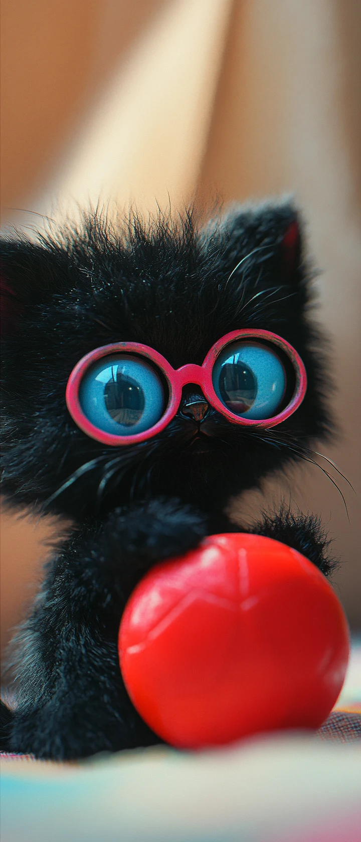Adorable chaton en peluche noir avec lunettes de soleil dans une chambre d’enfant