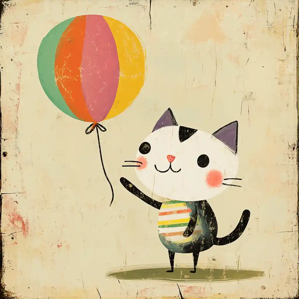 Whimsical folk art cat holding a colorful patterned balloon