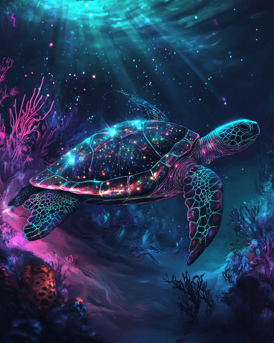 Kosmische schwarze Schildkröte, die in einer lebendigen Unterwasserszene leuchtet