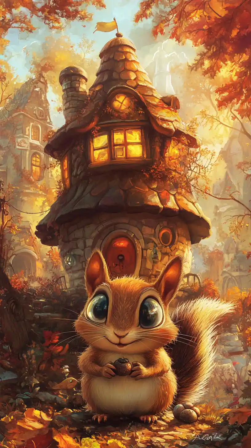 Niedliches riesiges Streifenhörnchen vor einem fantasievollen Eichelhaus