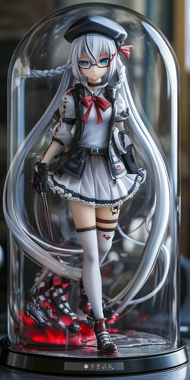 Anime-Mädchen-Figur in Glaskasten mit Schach-Outfit