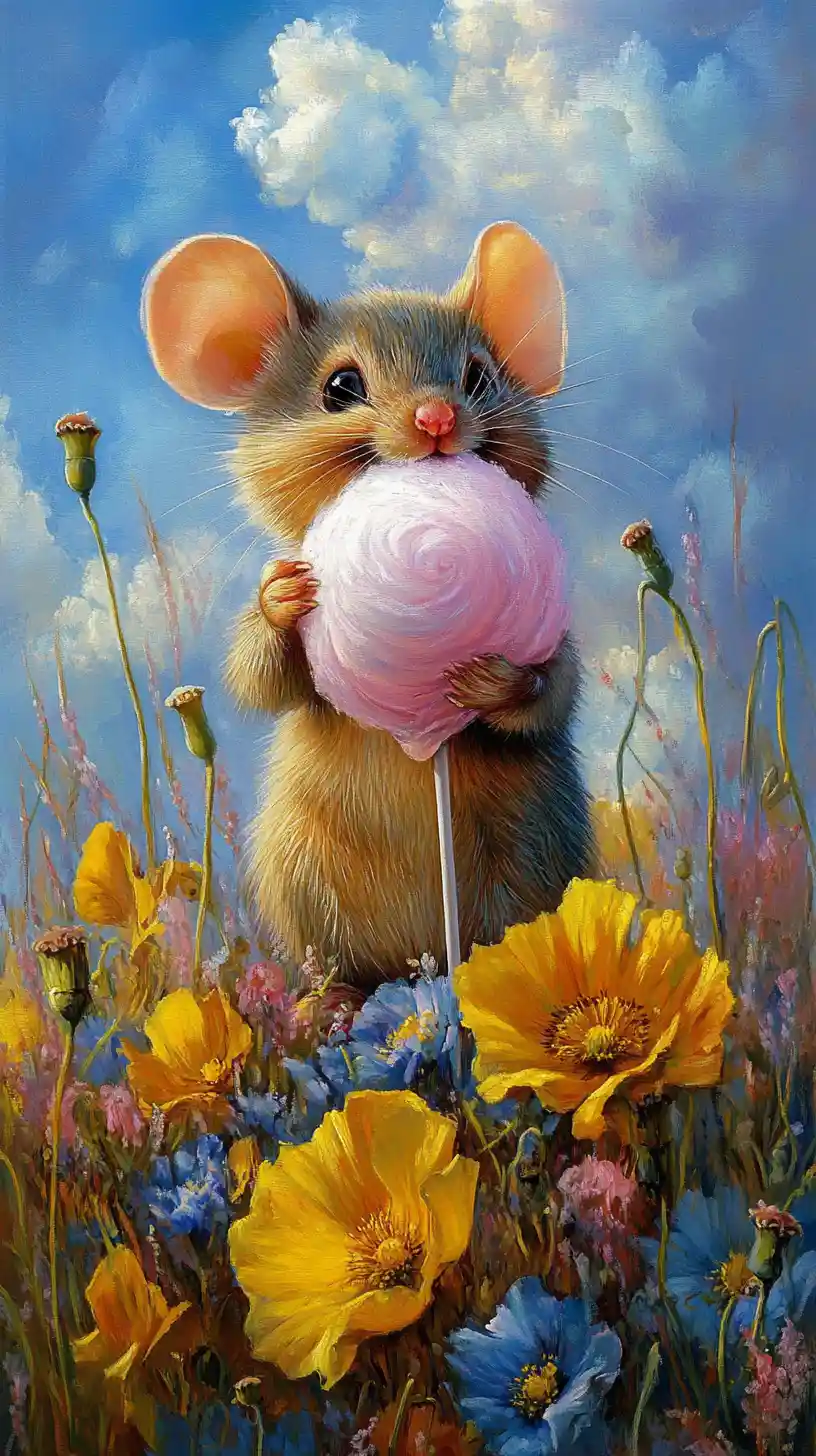 Fröhliche Cartoon-Maus mit einer großen Zuckerwatte