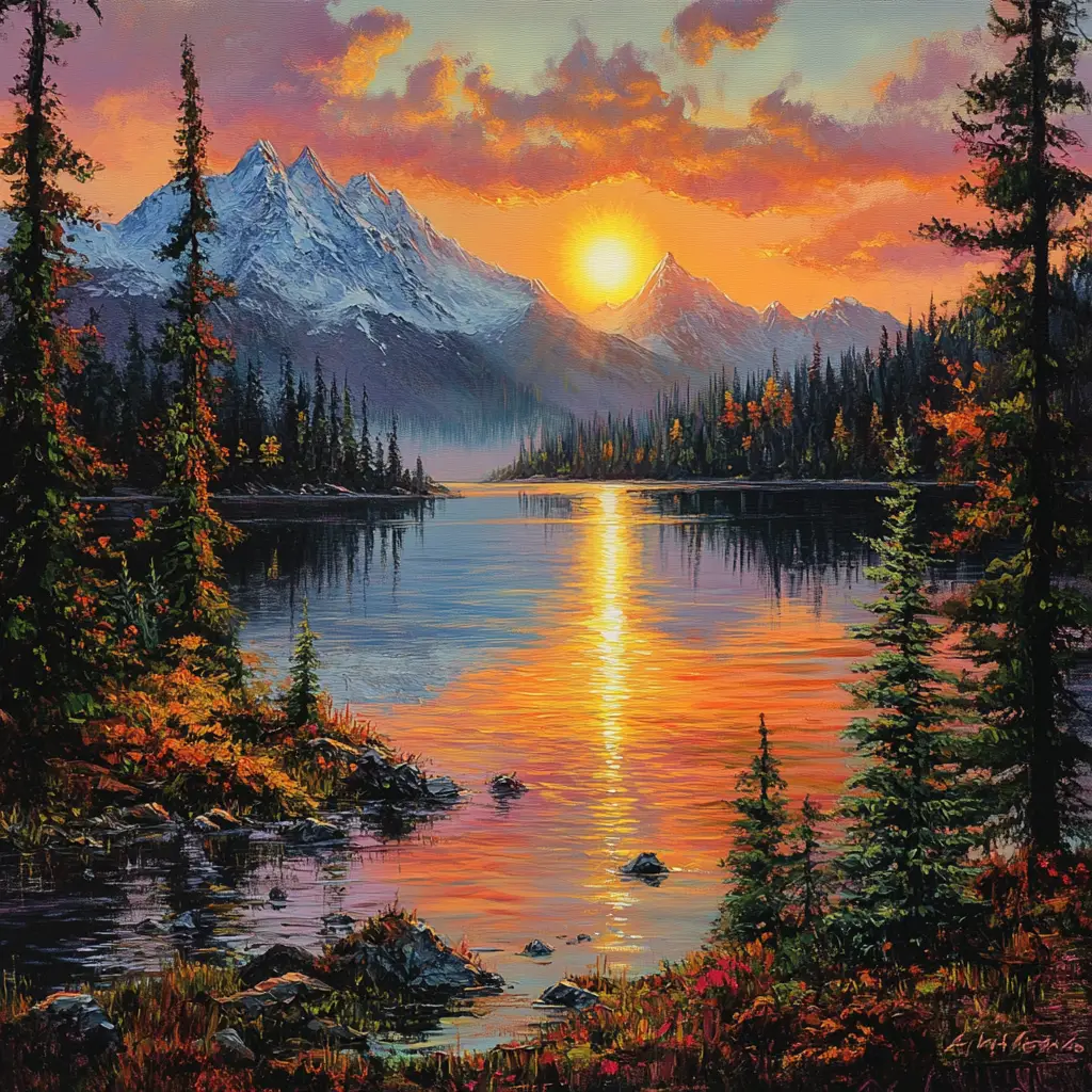 Lago di Montagna al Tramonto con Riflessi Dorati