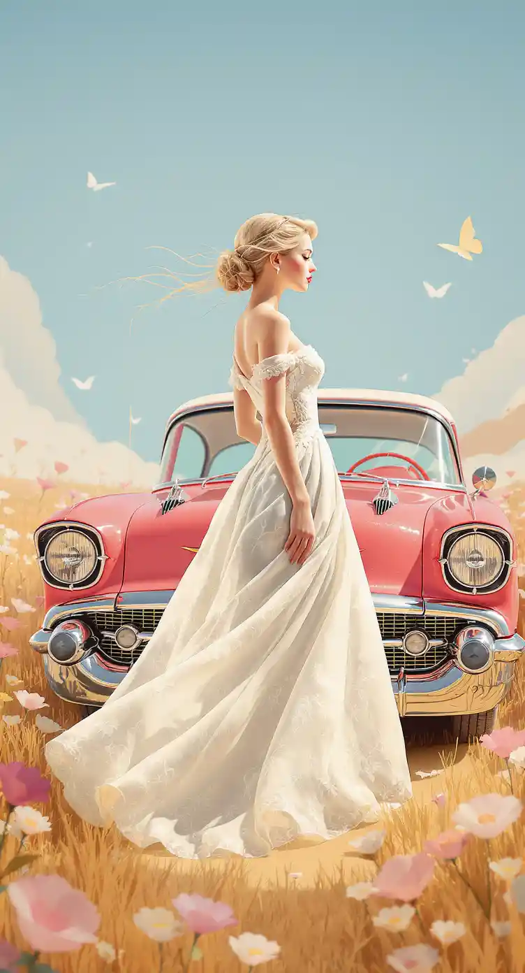 Mujer de papercraft con vestido de los años 50 junto a un Chevrolet clásico