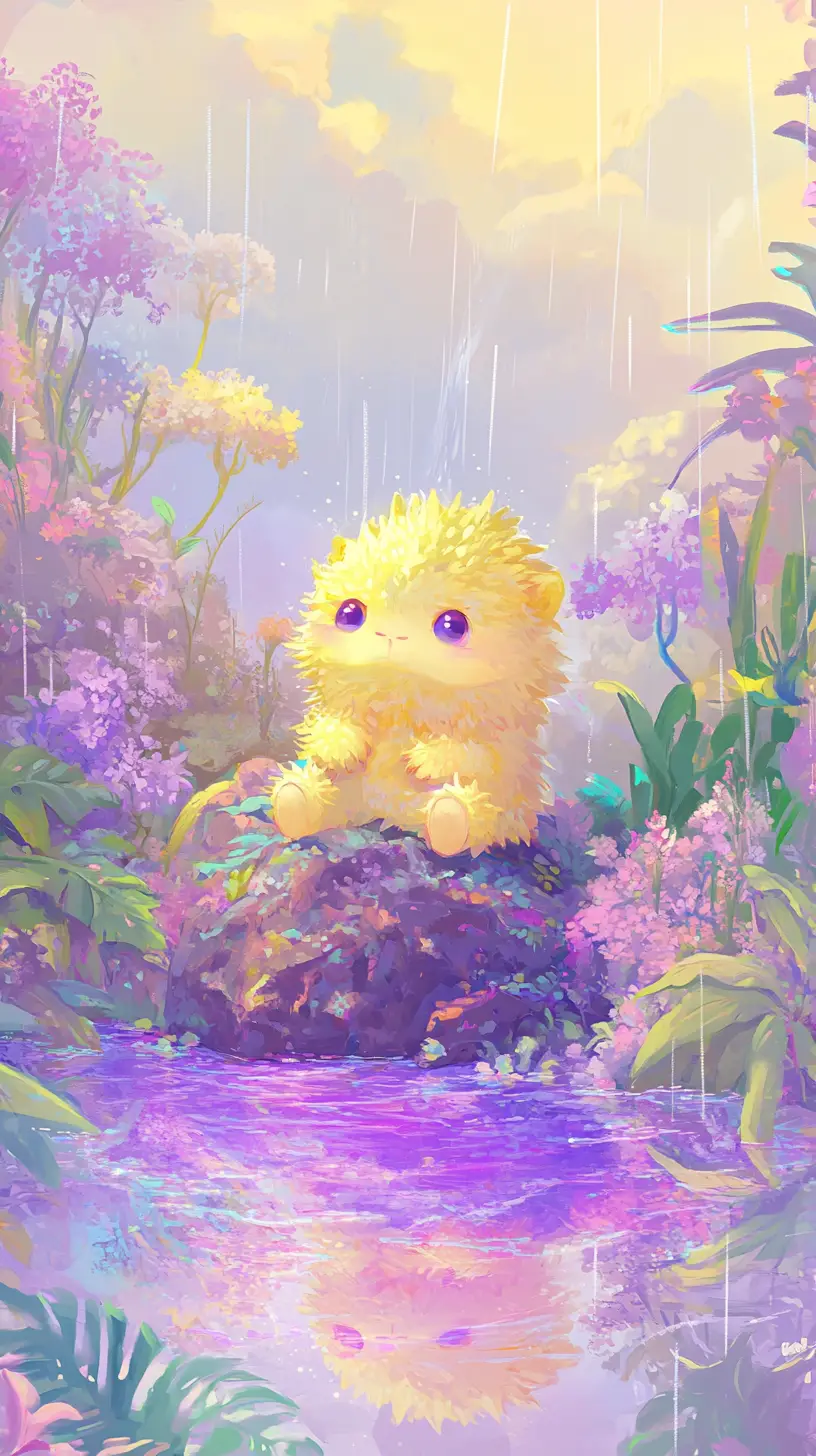 紫色反光水灘旁的可愛奇幻生物