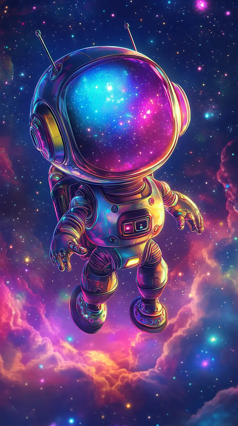 Süßer holografischer Roboter, der in einem kosmischen Sternenhimmel schwebt