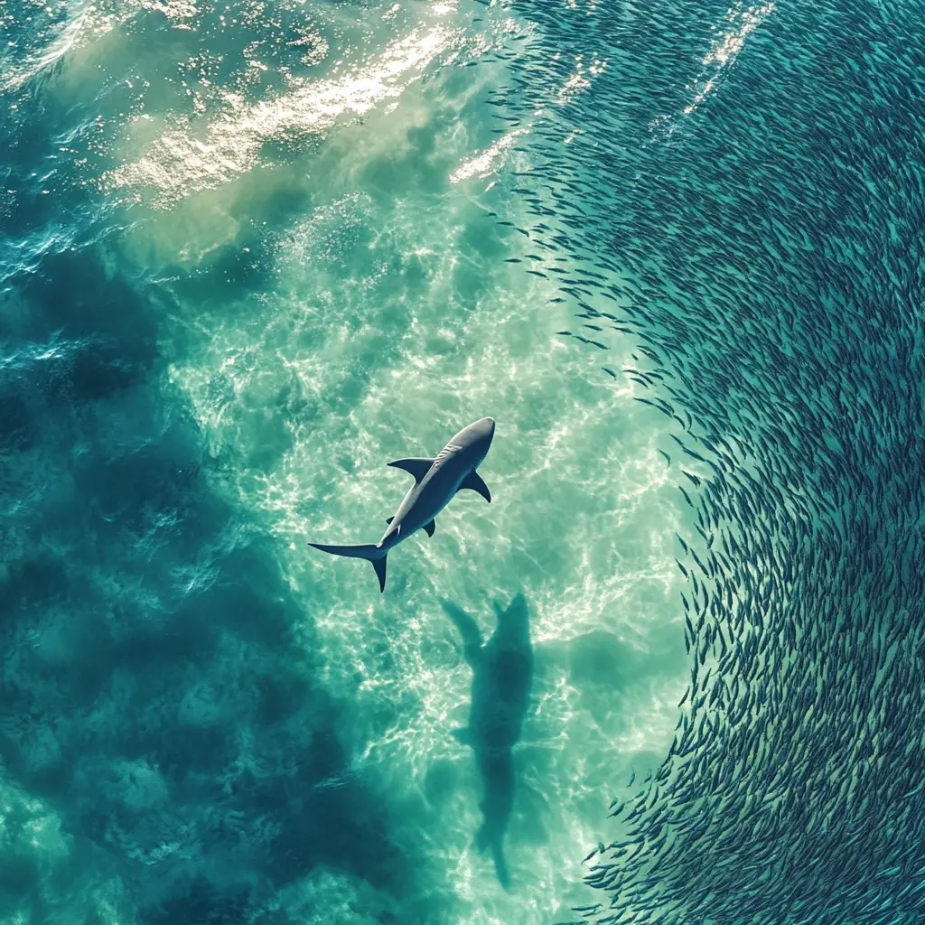 清澈藍綠色海洋中的鯊魚空拍視角