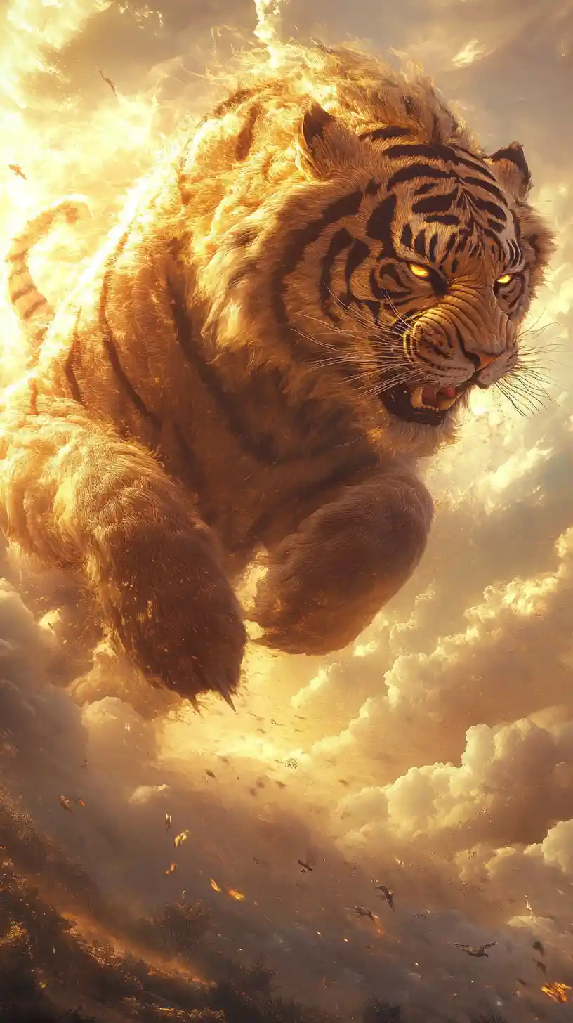 Wolken-Tiger, der über einen goldenen, magischen Sonnenuntergangshimmel schwebt