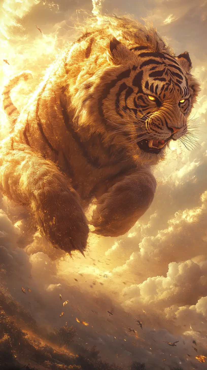 Tigre di nuvole che fluttua in un cielo dorato di tramonto magico