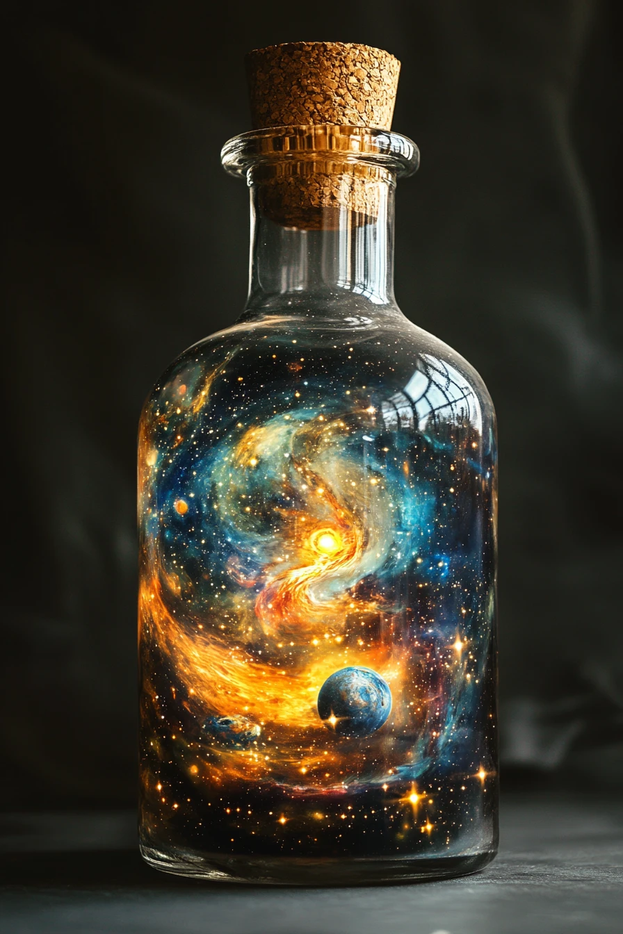 Glass Bottle Containing A Glowing Cosmic Universe