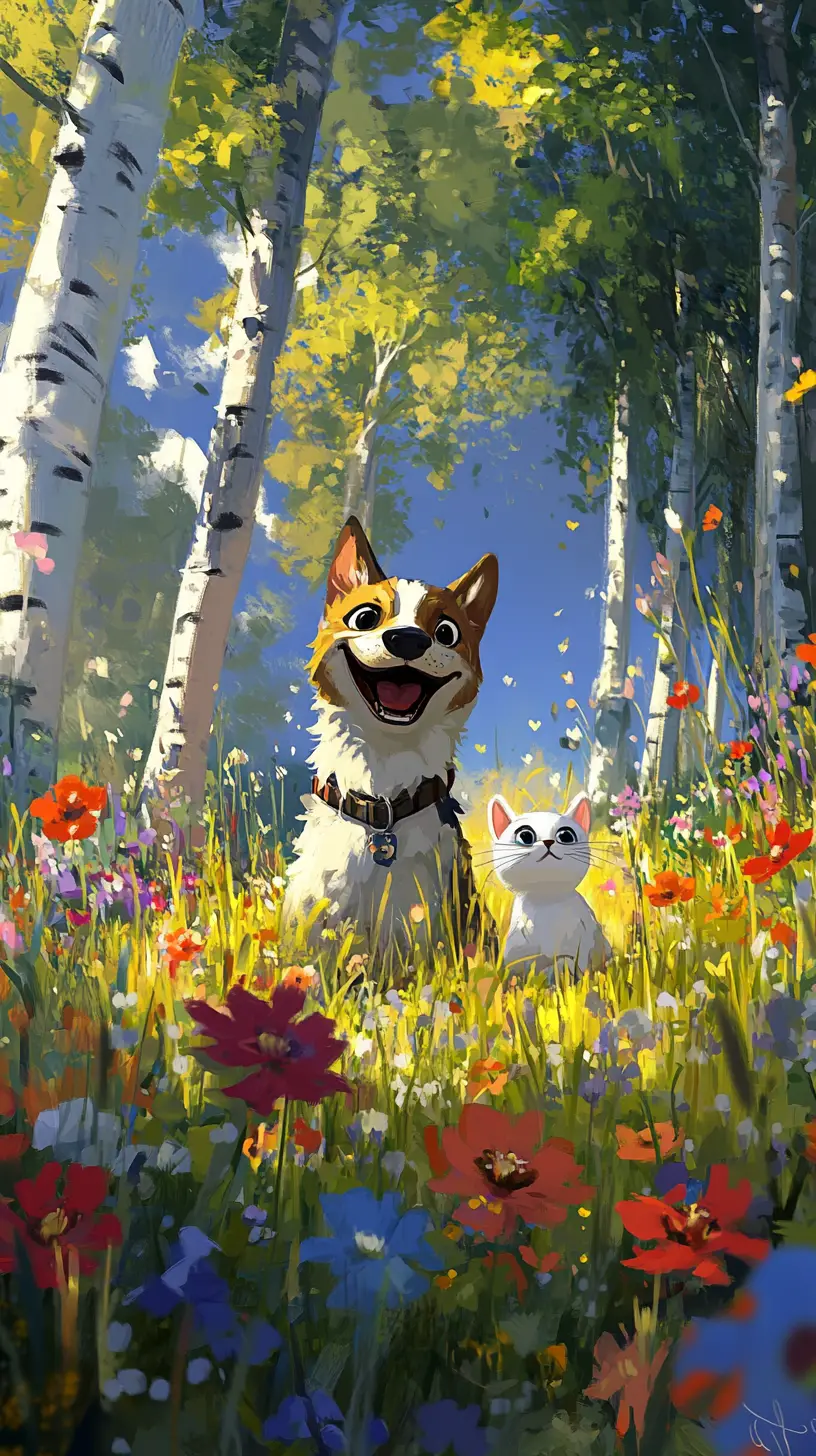 Cane e gatto cartoon in una radura di betulle all'alba