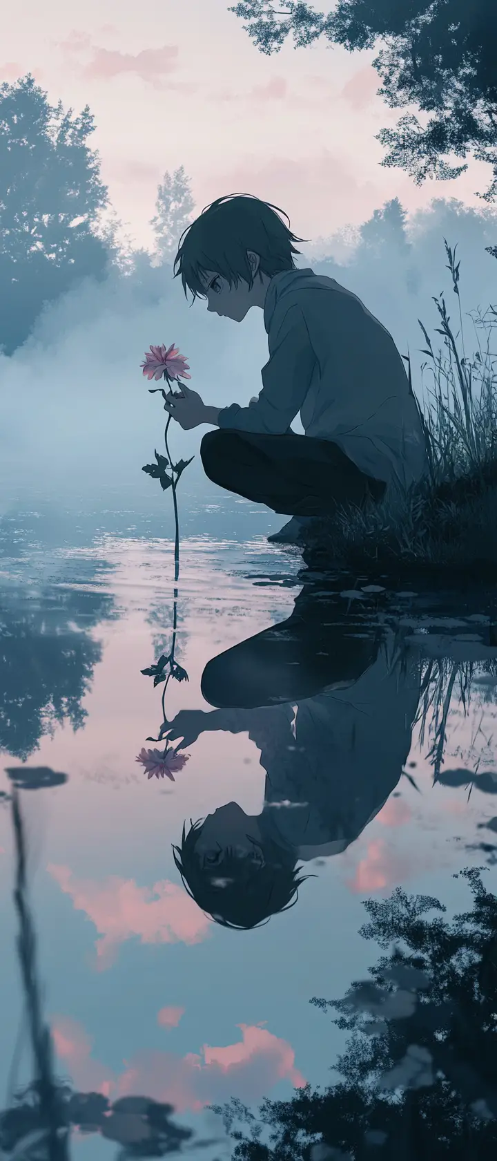 Garçon d’anime au bord d’un lac brumeux à l’aube avec reflet