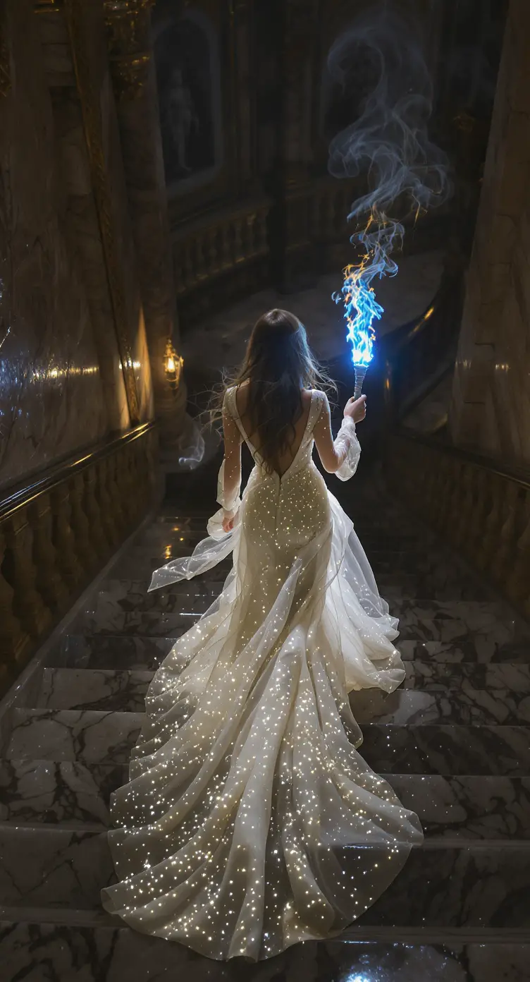 Mulher de vestido branco descendo uma grandiosa escadaria de mármore