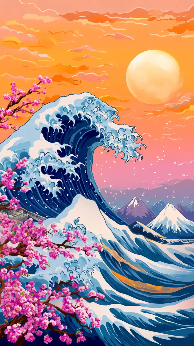 色彩繽紛的風格化海浪，搭配櫻花與群山