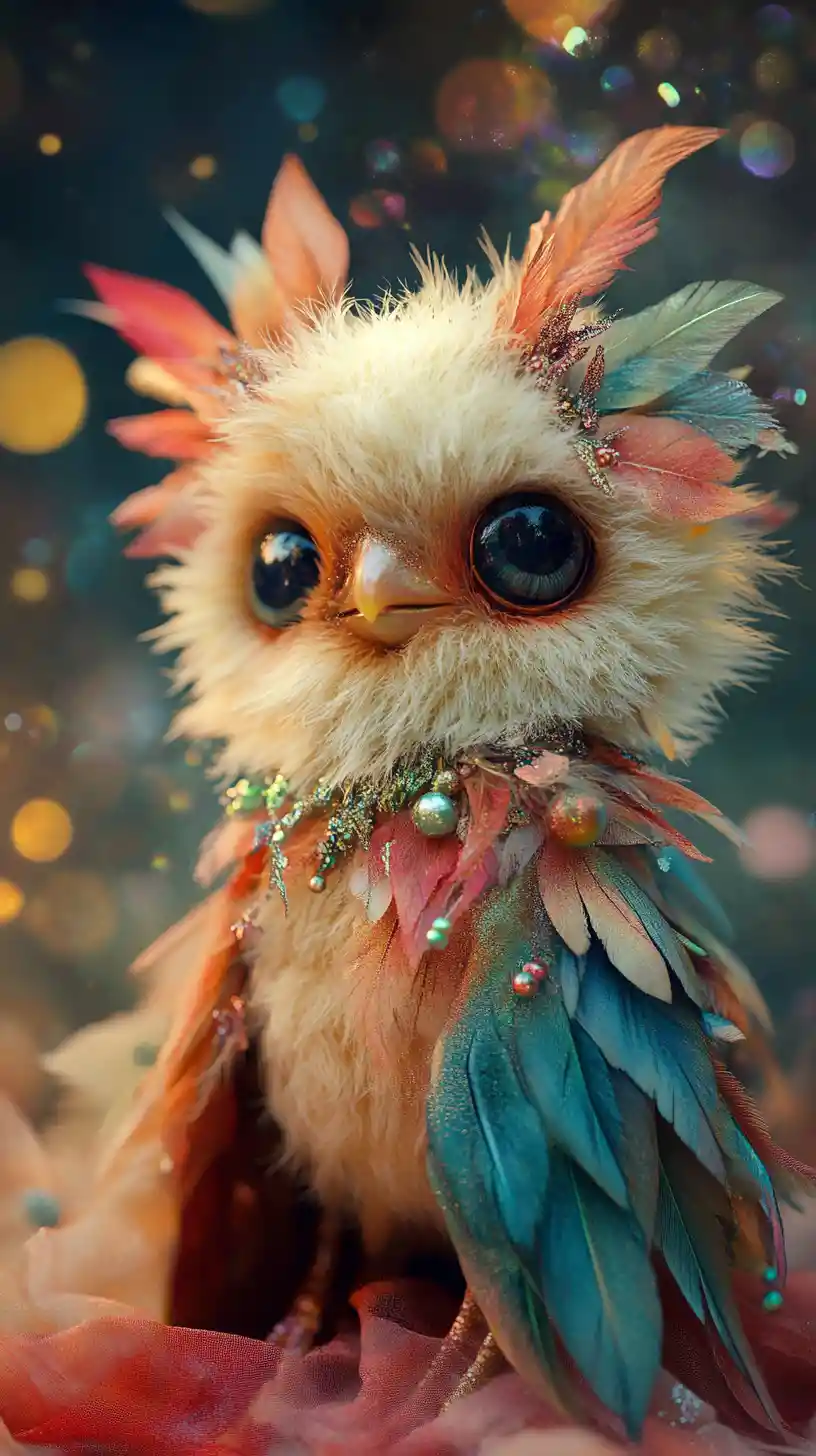 Creatura fantasy giocosa con costume artistico colorato
