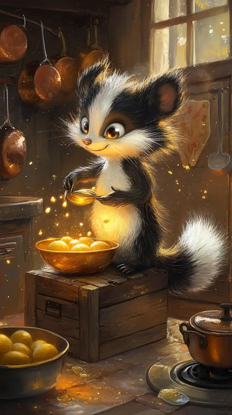 Piccola puzzola che monta uova dorate in una cucina accogliente