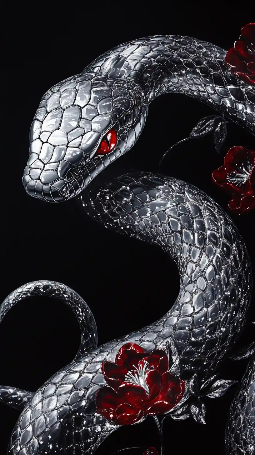 Primer plano de una serpiente iridiscente y adornada como una joya sobre fondo oscuro