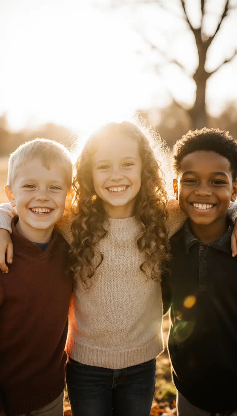Lächelnde, vielfältige Kinder posieren gemeinsam in einem sonnigen Park