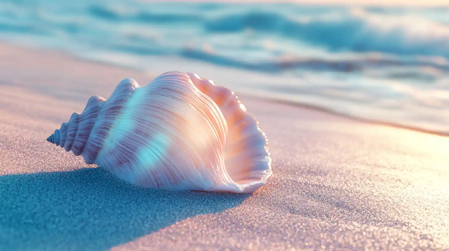 Colorful seashell on sandy ocean shore digital illustration