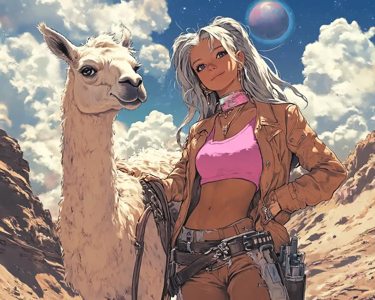 Mulher fora da lei de anime com lhama sob estrelas alienígenas